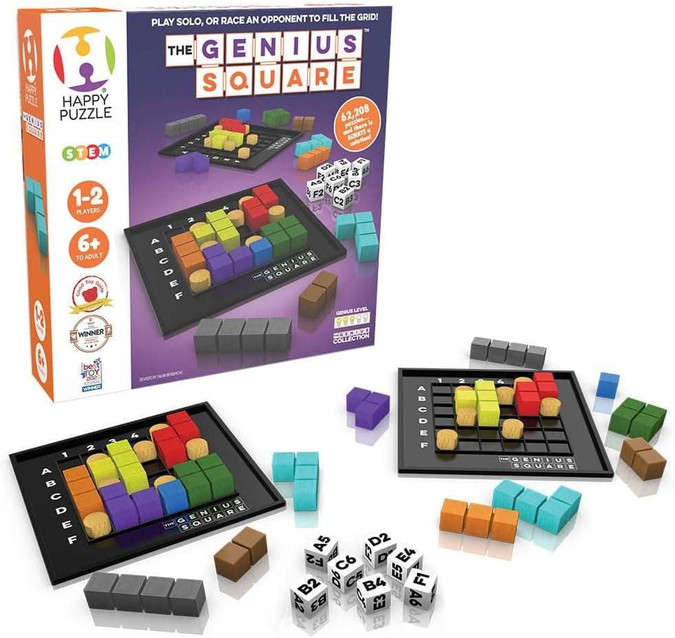The Genius Square puzzle board with coloured blockers and tiles