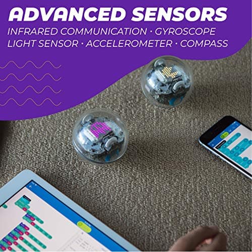Two Sphero BOLT robots on a carpet with a tablet and phone showing Sphero Edu blocks, overlay listing infrared, gyroscope, light sensor, accelerometer and compass