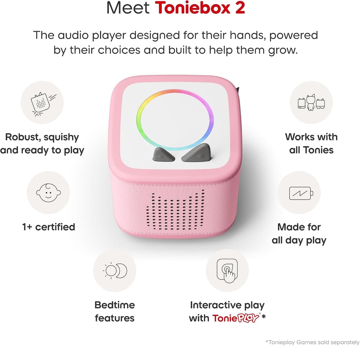 Toniebox 2 shown from the side with its fabric body, felt ears and speaker grille
