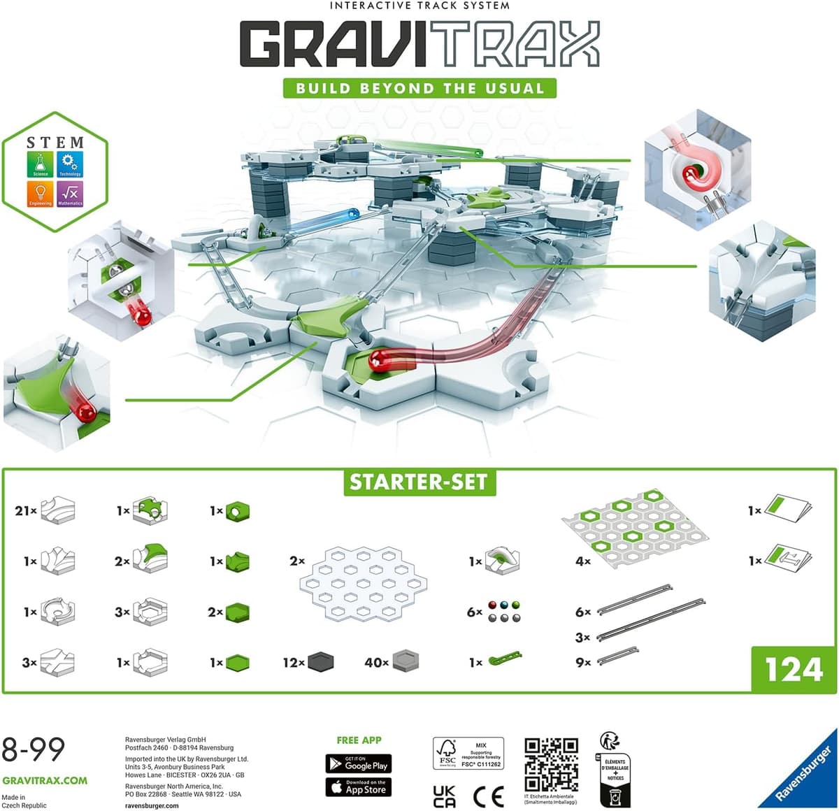 GraviTrax Starter Set pieces laid out, including height tiles, transparent tracks and the magnetic cannon