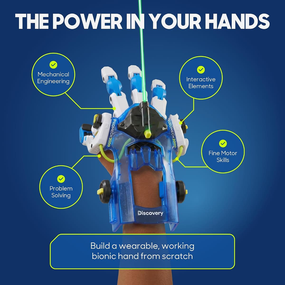 Discovery Bionic Hand hydraulic cyborg hand assembled and worn, showing the pulley fingers and targeting light