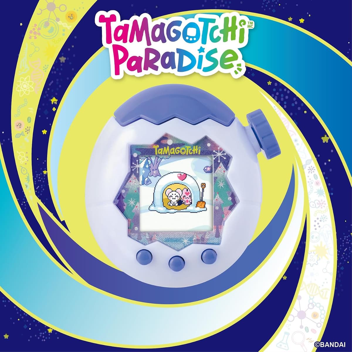 Tamagotchi Paradise White Glacier on Bandai's yellow and blue swirl artwork, colour screen showing two pets in an igloo