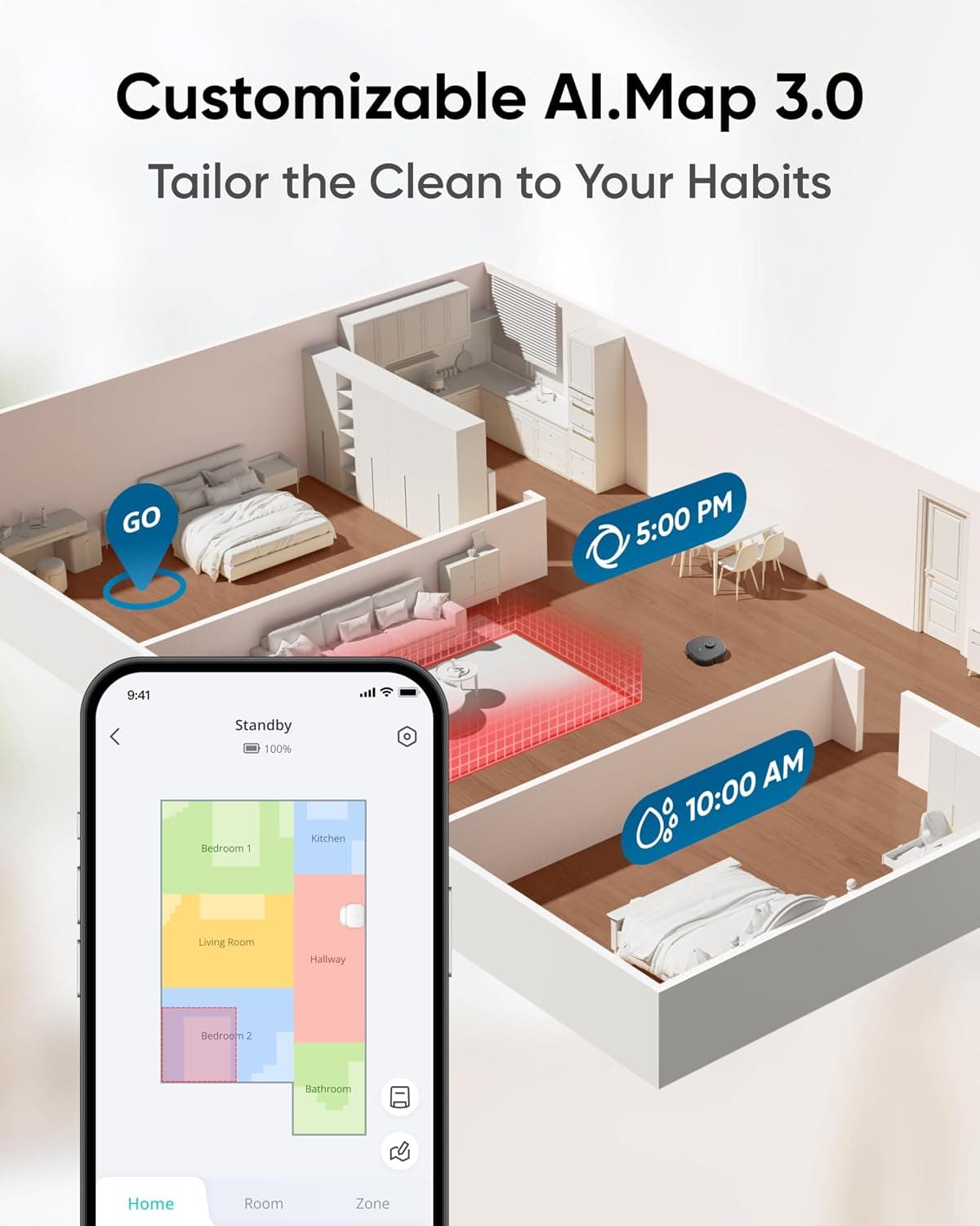 eufy Clean app AI.Map 3.0: colour-coded rooms, a schedule pin and a go-to marker