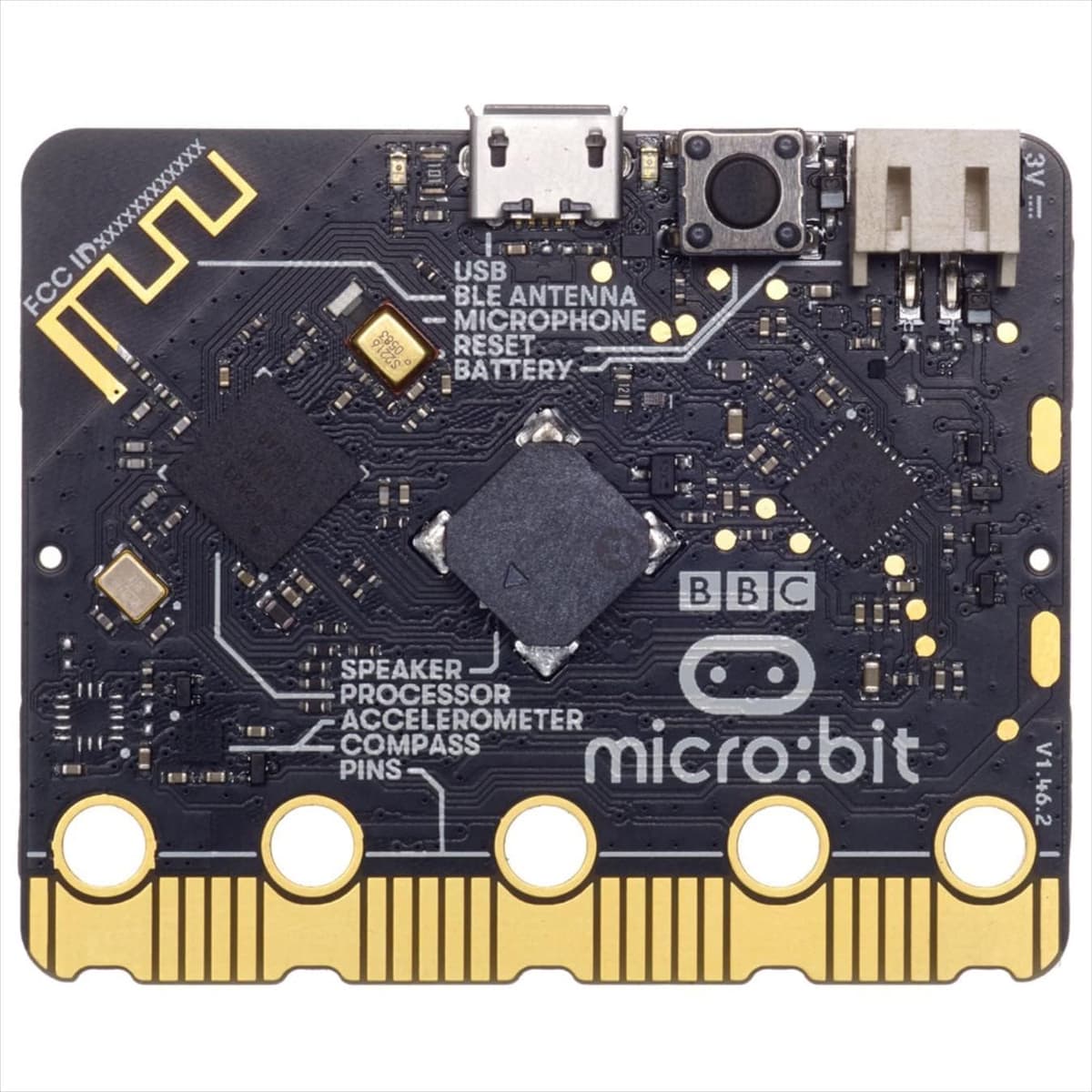 BBC micro:bit V2 board showing the LED matrix, buttons, gold edge connector and USB port