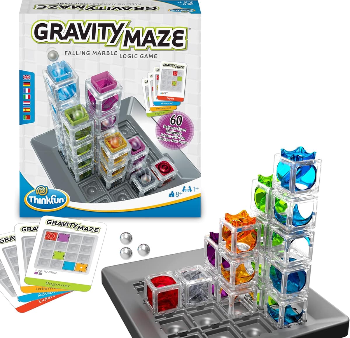 ThinkFun Gravity Maze boxed set with the tower grid, coloured maze towers and challenge cards