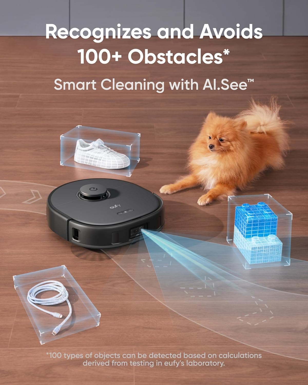 eufy X10 Pro Omni AI.See graphic: robot avoiding a shoe, a cable, a brick and a small dog