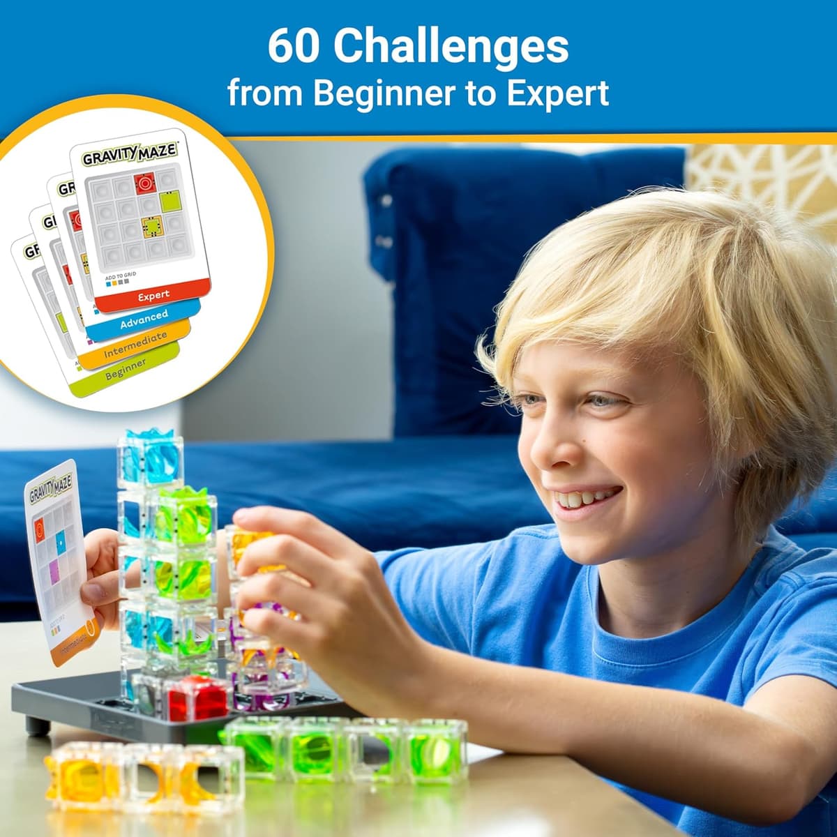 Gravity Maze marble falling through stacked coloured towers