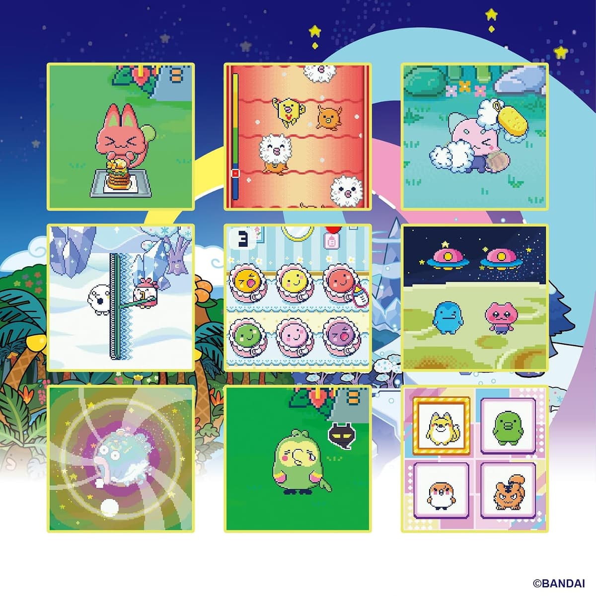 Nine Tamagotchi Paradise gameplay scenes: feeding, a rhythm game, bath time, ice field, a nursery of babies, night on a tiny planet, and a character grid