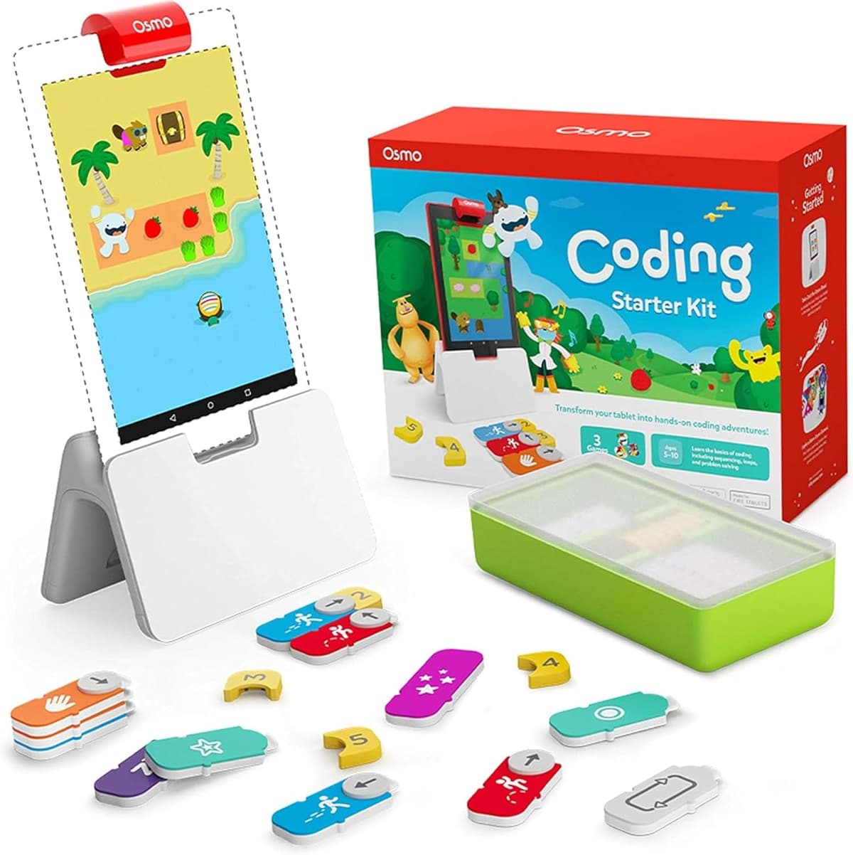 Osmo Coding Starter Kit box and physical coding blocks with the iPad base