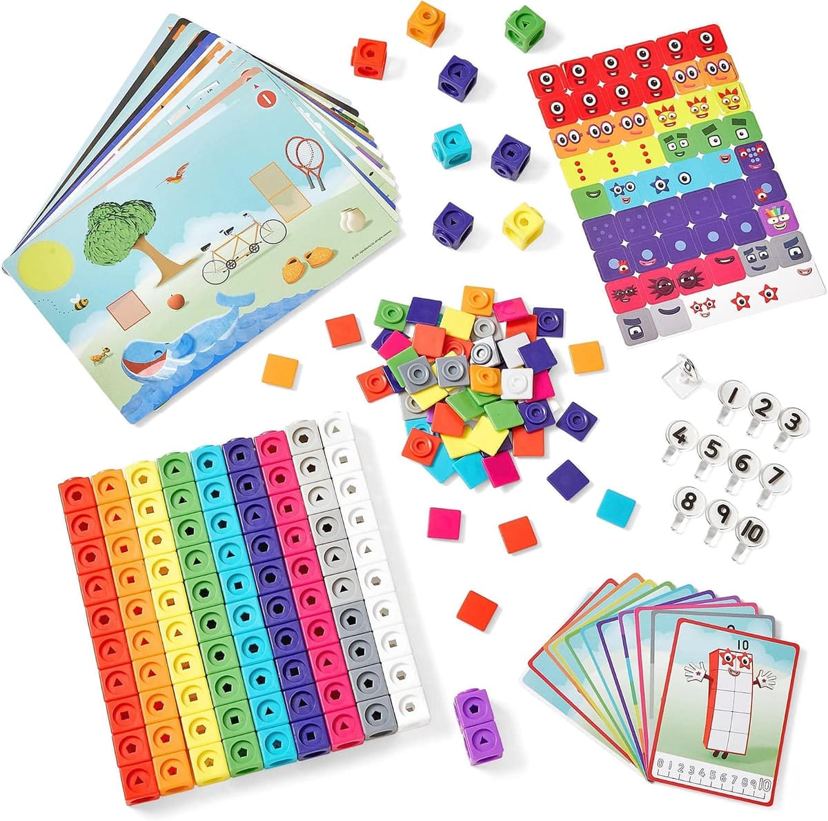 Close-up of Numberblocks Ten built from orange MathLink cubes with faceplate