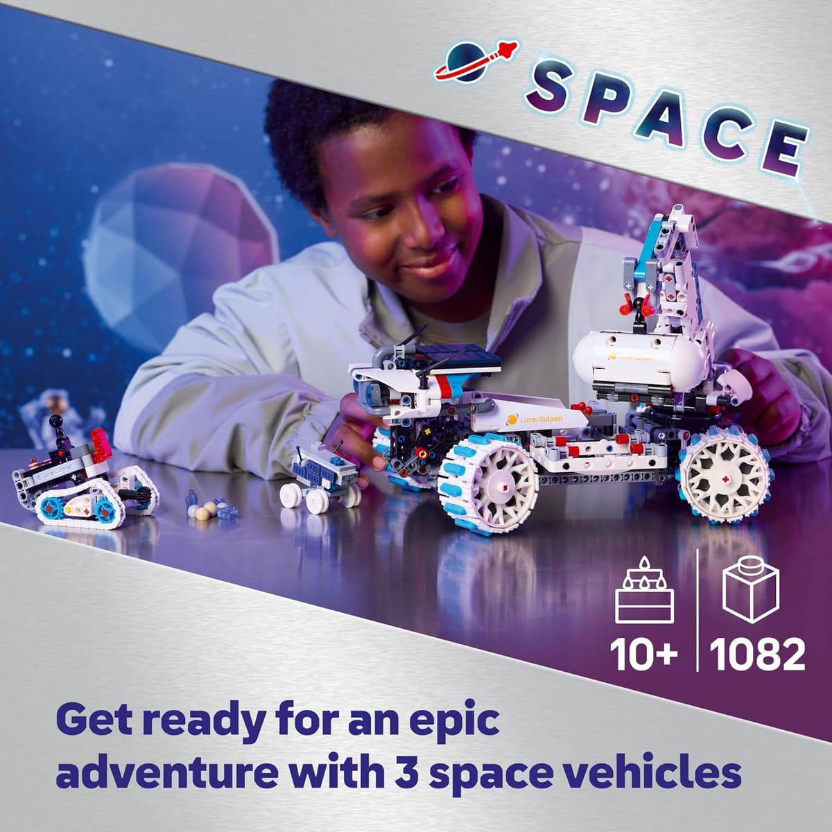 LEGO Technic Lunar Outpost moon rover built model with solar panels, mining rover and crane
