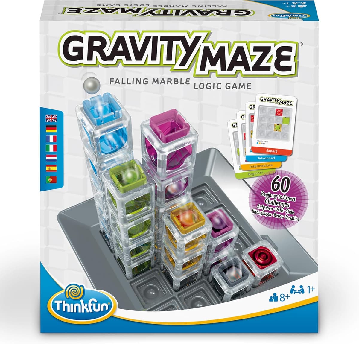 Gravity Maze towers stacked on the grid with the marble ready to drop