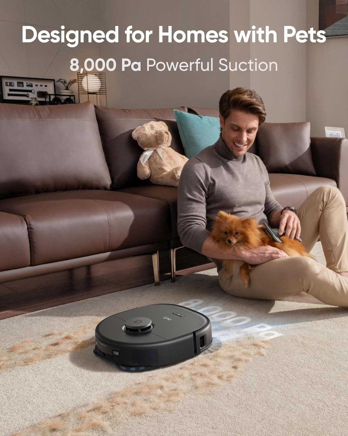 eufy X10 Pro Omni on a light carpet with pet hair, listing graphic for 8,000 Pa suction