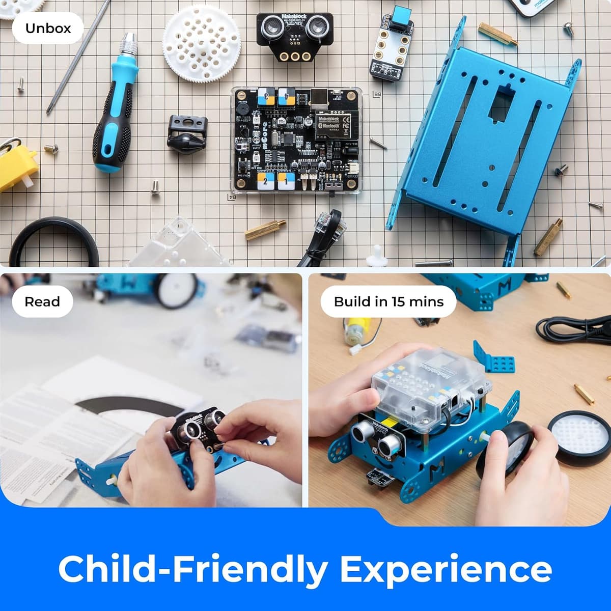 Child-height view of the assembled blue mBot on a wooden floor, ultrasonic 'eyes' facing the camera