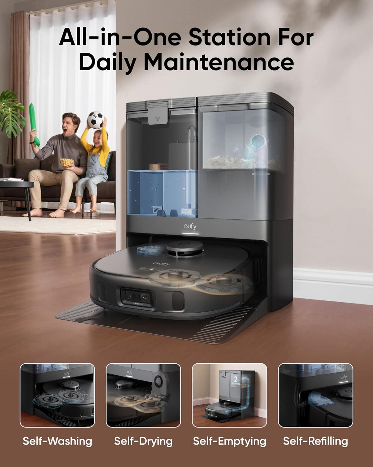 eufy Omni station cutaway: mop wash, hot-air dry, dust-bag empty and clean-water refill