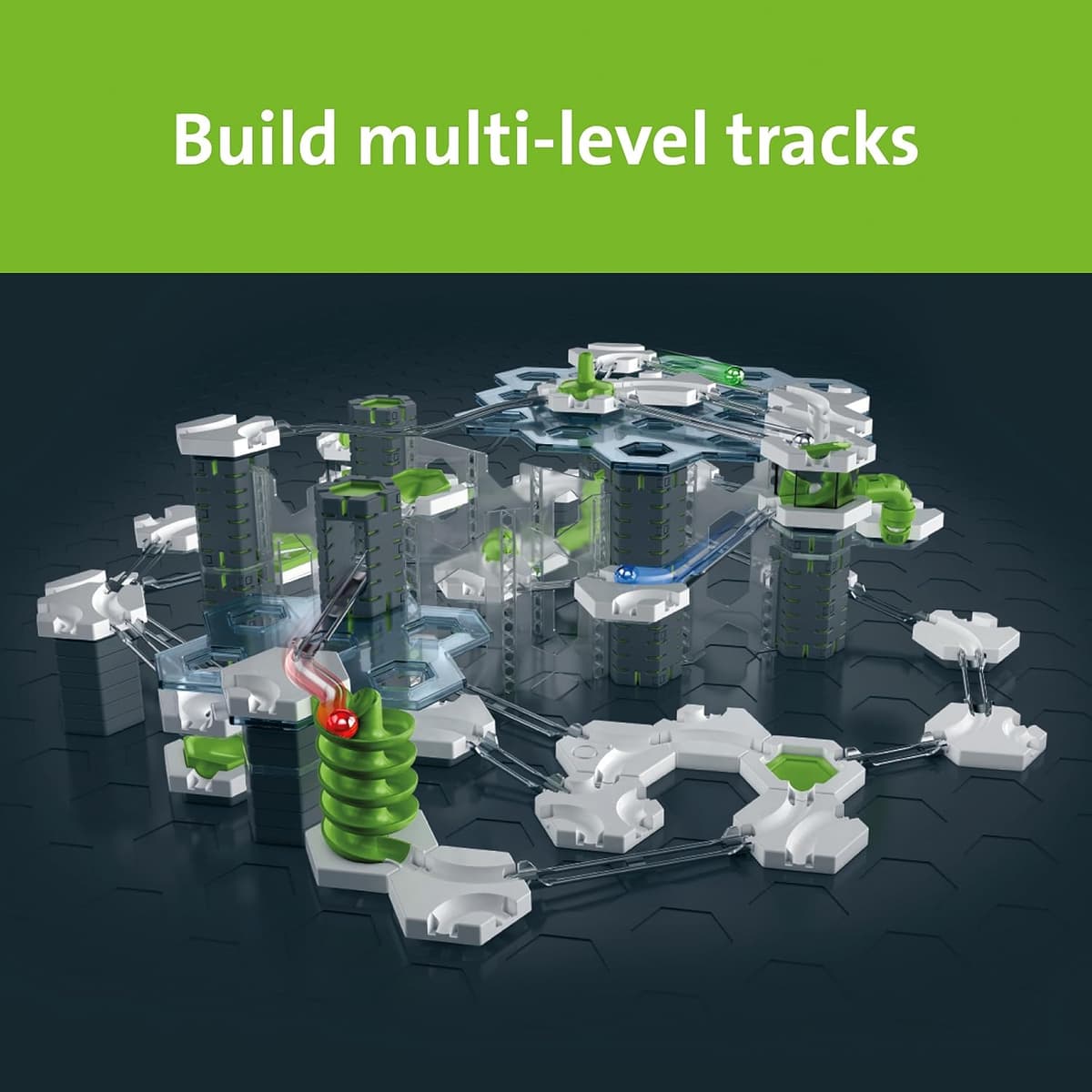 GraviTrax Drop N Roll marble run built with extra action pieces, spirals and a larger footprint than the standard starter