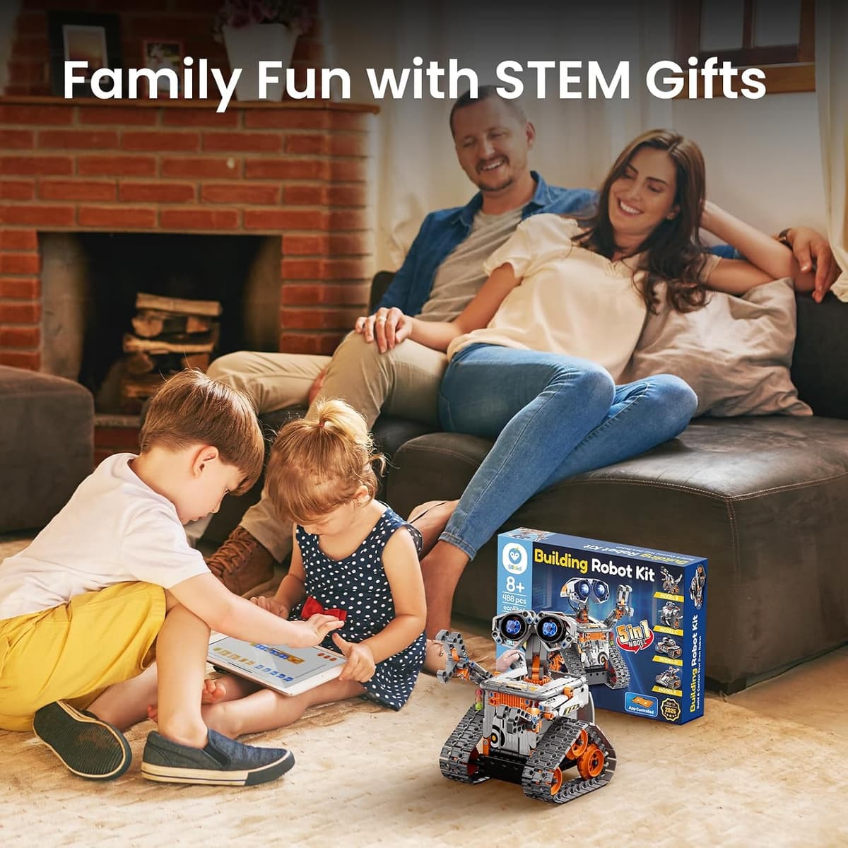 Sillbird 5-in-1 STEM robot kit showing one of the assembled models with the remote and building pieces